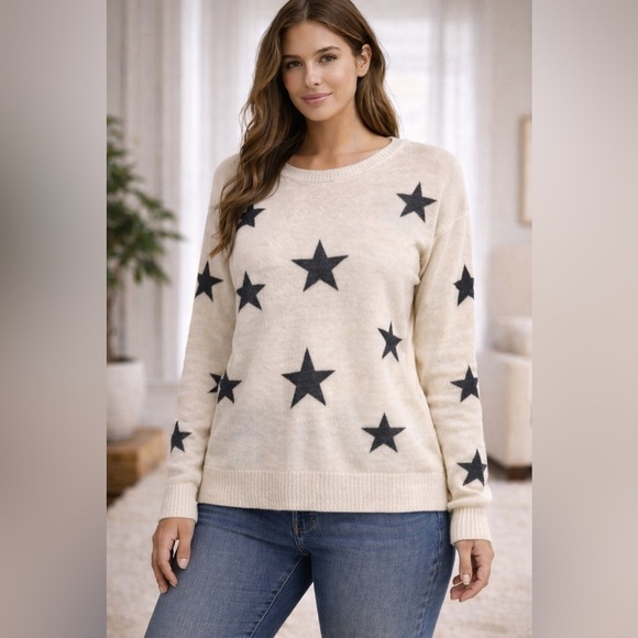 None Sweaters - 333. Women's Star Pattern Sweater - Cream and Grey